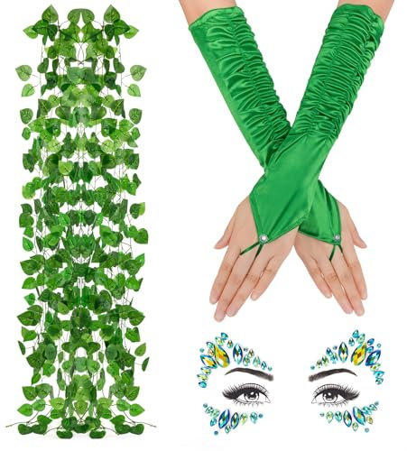 BTHRORO Disfraz Ivy para Mujer, Plantas Hiedra Artificial, Guantes Largos, Pegatinas Cara para Carnaval, Fiesta Temática Halloween Navidad