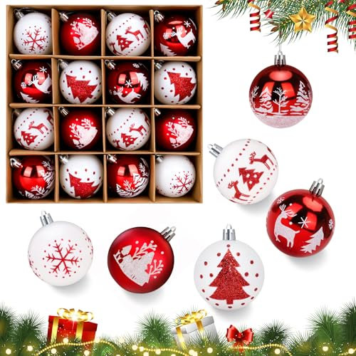 Weihnachtskugeln mit Box, 16 Stück 6cm Christbaumkugeln Kunststoff Set, Rot und Weiße Bruchsicher Weihnachtsbaumschmuck mit Aufhänger, Weihnachtsdeko für drinnen und draußen