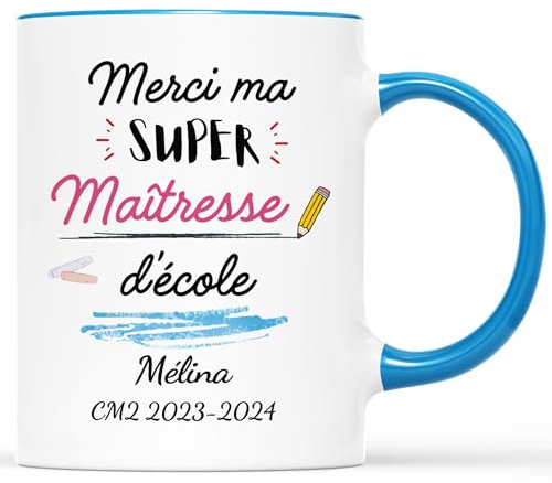 Cadeau Plus Mug Personnalisé Prénom Merci Maître d'École, Cadeau Maitre, Cadeau Fin d'Année, Mug Personnalisé Maitre, cadeau professeur (Bleu - Maîtresse)