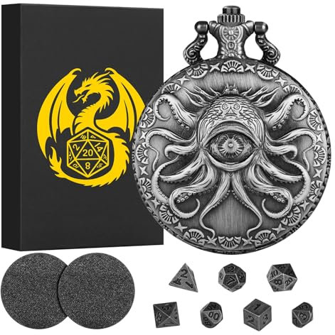 Mini DND Würfel Set Steampunk Einäugiger Tintenfisch Taschenuhr Hülle, 7-teilige Polyedrische Metall D&D Würfelset, DND Geschenke mit Geschenkbox, Rollenspiele-Brettspielzubehör Würfel, Dunkel Silber