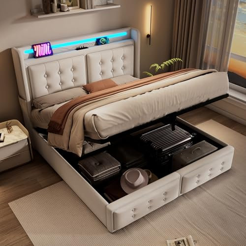 Ymkua Polsterbett Doppelbett Bett 180x200 cm mit LED-Kopfteil, Jugendbett mit Stauraum und USB-Typ-C Ladefunktion, Stauraumbett Bettgestell mit Lattenrost aus Holz, Beige, Baumwolle, Ohne Matratze