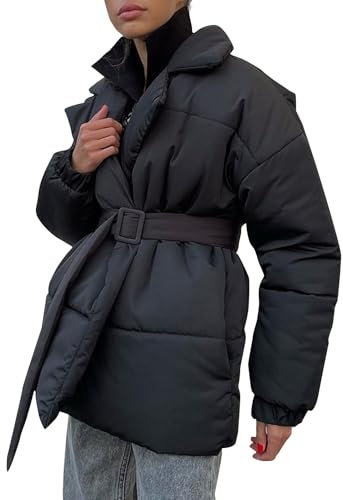 Daunenjacke Damen Winter Steppmantel Damen Dicke Winterjacke Warm Daunenmantel Mit Gürtel Wintermantel Revers Outdoor Steppjacke Frauen Mit Taschen Puffer Jacke Bequemes Mantel Winddicht