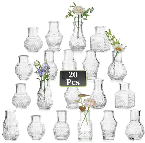 Hewory Mini Vaso Vetro per Matrimonio: 20 Vintage Vaso Fiori Barattoli Vetro per Centrotavola - Vasi Decorativo da Interno rasparente per Centro Tavola Bomboniere Wedding