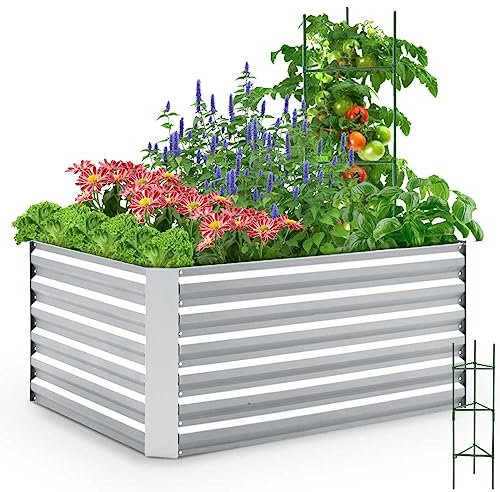 Quictent Hochbeet Metall 120 x 90 x 56cm, Kräuterbeet ohne Boden für Garten, Gemüsebeet Pflanzkasten Frühbeet mit Tomatenkäfigen, Silber