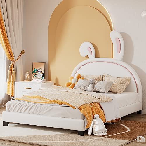Gepolstertes Leder-Plattformbett für Doppelbett, mit Kaninchen-Ornament, dekoriertes Kopfteil, schönes Design mit Latten, kein Boxspringbett erforderlich, 201,9 cm L x 104,9 cm B x 134,1 cm H (weiß