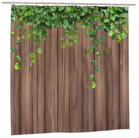 Outdoor Garden Shower Curtain, Vintage Rustic Wooden Board Door Bath Curtain, Green Leaves on Farmhouse Country Wood Plank, Countryside Life Waterproof Bathroom Curtain with 12 Hooks, 180x180cm