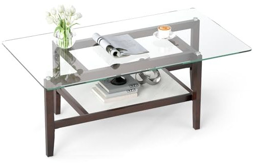 COSTWAY Tempered Glass Coffee Table, 2-Tier Cocktail Center Accent Tea End Sofa Side Table with Storage Shelf & Solid Rubber Wood Legs for Living Room Bedroom Office (Rectangular, 107 x 60 x 42cm)