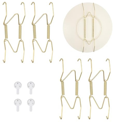 sourcing map 4pcs Plate Hanger, 4 to 5 Inches Universal Stainless Steel Invisible Plate Hangers for The Wall W-Shaped Holder with Traceless Nail for Decorations, Golden