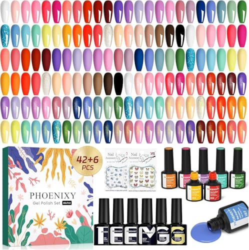 Phoenixy 50Pz Smalto Semipermanente Unghie 42 Colori Smalti Semipermanenti per Unghie Professionali Smalto Gel per Unghie U V/LED con Base e Top Coat