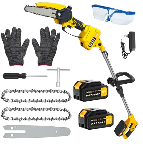 2 in 1 Cordless Pole Saw, Mini Chainsaw 6 Inch Brushless Chain Saw, 21V 550W, Telescopic Extension Pole 0.9 to 5.9ft, 2 x 1.5Ah Batteries, Tree Pruning (Yellow)