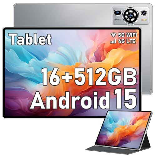 UXD Android 15 Tablet 10 Inch with Keyboard Mouse, 16GB RAM 512GB ROM, Octa-Core, 4G LTE Dual SIM WiFi, 6000mAh Battery, GPS, 2 in 1 Tablet PC Bundle with Case for Work Study Gaming, Grey
