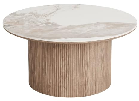 möbelando Couchtisch Athens – Moderner Wohnzimmertisch mit Keramikplatte Ø 80 cm, Weiß/Dunkelbraun – Pflegeleicht, Stabil & Stilvoll für Wohnzimmer & Lounge