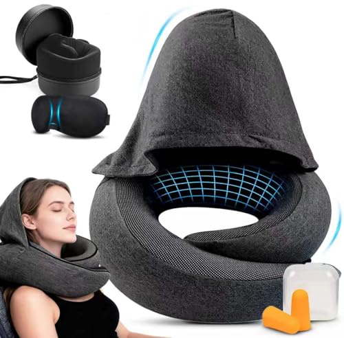 Reisekissen, verstellbare Nackenstütze mit Kapuze Memory-Schaum-Kissen | Nackenkissen flugzeug, ergonomisches U-förmiges Kissen, Inkl Schlafmaske Ohrstöpsel Tragetasche, für Auto Zug Büro
