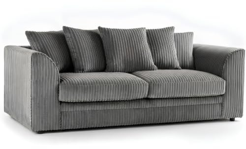 Gamzo Outlet 3 Seater Sofa with Deep Filled Scatter Back Jumbo Cord Fabric Sofa with Cushions & Strong Wooden Frame | Soft Fabric Couch for Living Room (Charcoal Grey)