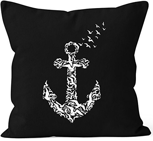 Autiga Zauberhafter Kissenbezug Vogel Anker Anchor Birds Kissen-Hülle Deko-Kissen 40x40 Baumwolle schwarz 40cm x 40cm