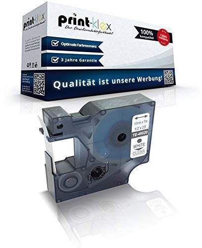 Print-Klex Schriftband kompatibel für Dymo D1 45020 MobileLabeler Labelpoint 100 150 200 250 300 350 Labelwriter 400Duo S0720600 12 mm 7 m Weiss/Klar Beschriftungsband - Easy Light Serie