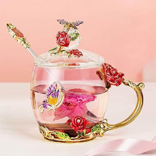 YUEMING Enamel Butterfly Rose Flower Glass, Coffee Mugs Tea Cup with Spoon, Birthday Christmas Gifts for Her Women Mum Friends Teacher Valentines Mothers Day (Red +320ml)