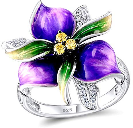Uloveido Mädchen Violette Blume Ringe Modeschmuck für Frauen Elegante Lila Blumen Kristall Aussage Ring Weißes Gold Überzogen für Mädchen Frauen RA601