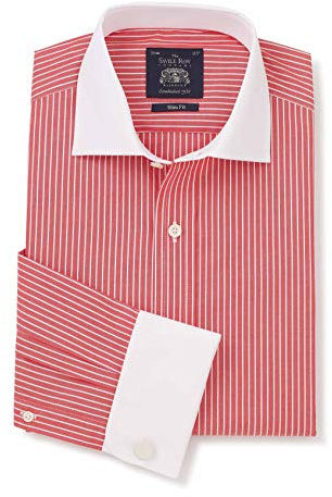 THE SAVILE ROW COMPANY LONDON Men's Slim Fit Cotton Poplin Long Sleeve Formal Shirt - Double Cuff - Red White Reverse Stripe - 15.5 Collar - Standard