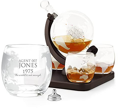 Maverton Globe Whiskey Decanter Set with 4 Glasses - 850 ml Carafe with Ship Inside - You can Personalise Tumblers as Gift for Men - Agent
