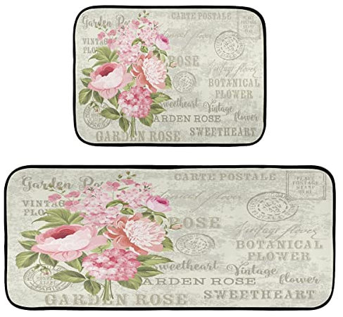 Mnsruu Lot de 2 tapis de cuisine antidérapants de style shabby chic Motif floral Rose 119,4 x 50,8 cm + 71,1 x 50,8 cm