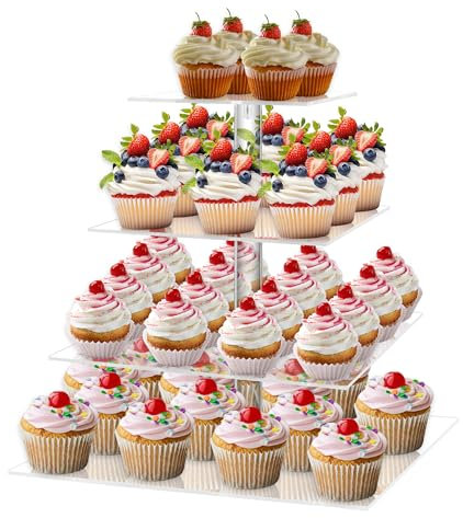 Cupcake-Ständer, Acryl, 4 Etagen, quadratisch, für Hochzeit, Geburtstag, Feiertage, Cady-Bar, Party-Dekoration, transparent