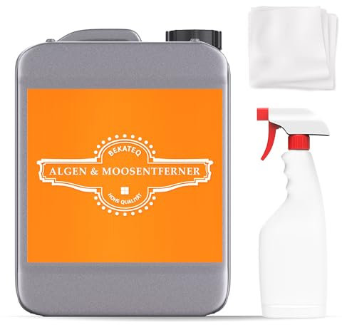 Grünbelagentferner 10L Set mit Sprühflasche und Vliestuch - Fassadenreiniger, Moosentferner, Reiniger für Stein, Markisen, Dach, Klinker, Putz, Verdeck, Beton - chlorfrei & säurefrei - BEKATEQ BE-860