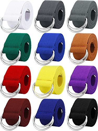 Handepo Leinengürtel, Militär-Stil, D-Ring-Gürtel, silberfarbene Schnalle, Webstoff, lässiger Gürtel, 3,8 cm breit, 12 Stück, Mehrfarbig, Einheitsgröße