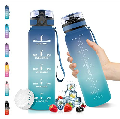 Vikaster Gourde Sport,500 ML Bouteille d'eau,sans BPA,Étanche & Réutilisable,avec Filtre et Marqueur Temps,Convient le Camping,le Cyclisme,la randonnée,l'école,le Bureau,en Plein Air Bleu/Vert