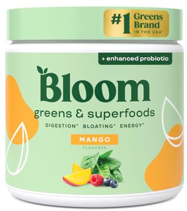 Bloom Nutrition Super Greens Powder Smoothie & Juice Mix - Probiotics for Digestive Health & Bloating Relief for Women, Digestive Enzymes with Superfoods Spirulina & Chlorella for Gut Health (Mango)