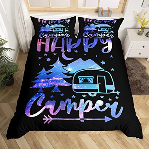 Kinder Camper Bettwäsche-Set Galaxy Happy Camping Bettbezug 200x200cm für Jungen Mädchen Teenager Bauernhaus Rustikal Camper Schlafzimmer Dekor Bettwäsche Lila Blau Nacht des Universums Bettwäsche