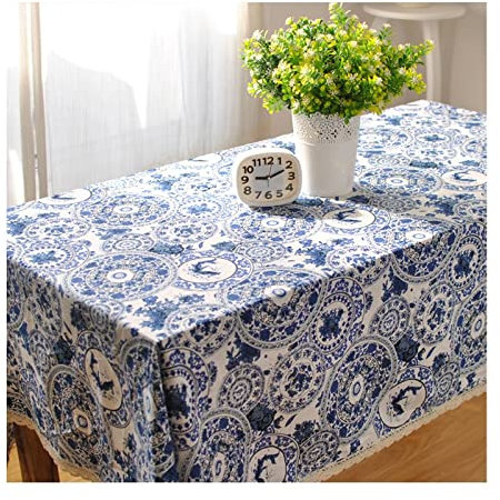 EHOMERY Tischdecke Uv Beständig Tischwäsche Party Blau-Weißes Porzellanmuster Gehäkelte Tischdecke Tischtuch Klemmen Blau Weiss Tischschutz Dekoration 150X150Cm