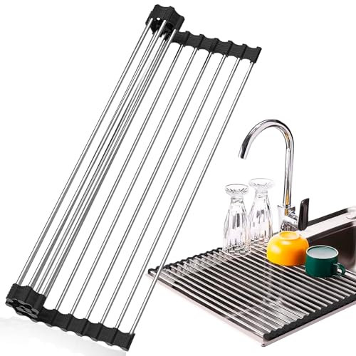 JUPPLIES Escurreplatos sobre Fregadero Enrollable sin BPA, Escurridor de Platos Acero Inoxidable 47cm*28cm, Escurreplatos Enrollable, Escurridor de Platos para Fregadero, Escorredor loiça