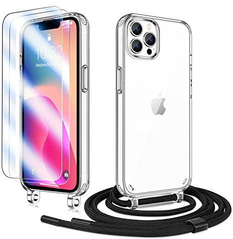 Anshow Handykette für iPhone 12 Pro Max Hülle mit Band + 2 Schutzfolie, Robust Necklace Extrem Stoßfest Handyhülle iPhone 12 Pro Max Case Transparent Schutzhülle zum Umhängeband Abnehmbar, Schwarz