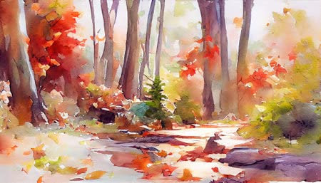adrium Acryl-Bild 70 x 40 cm: Goldener Herbst im Wald.Helle Farben.Freihandaquarellzeichnungsmalerei.Digitale Designerkunst.Abstrakte(192005327)