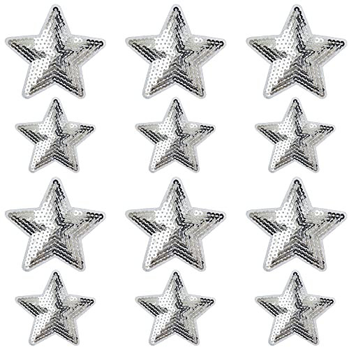 Weenkeey 12 Stück Stern Pailletten Patches Pentagramm Aufbügeln Applikationen Bling Stern Gestickte Aufnäher für Kleid Jeans Jacken Hüte Taschen Schuhe - 2 Größen Silber