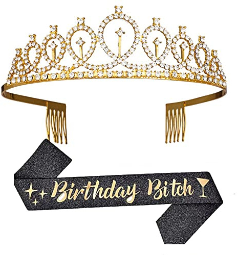 Leixi Birthday Bitch Sash & Rhinestone Tiara Kit - 21st & 30th/40th Birthday Gifts - Women's Party Supplies (Black)