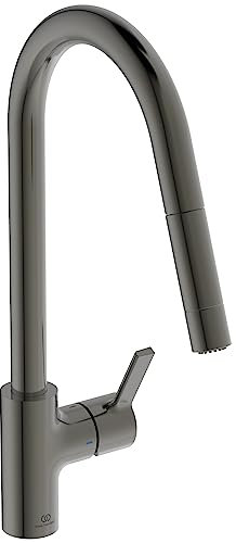 Ideal Standard - Gusto - Grifo monomando para fregadero de cocina, caño alto tubular con ducha de mano ajustable y extraíble con dos funciones, gris magnético