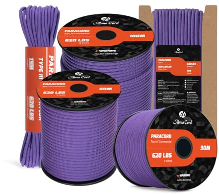 Abma Cord Paracord 4mm 15m 100% Nylon Rope 9 Strands Type III Parachute Cord for DIY, Camping, Survival, Outdoor - Max. 280kg - Purple