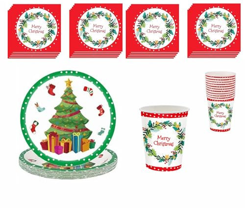 Red Christmas Party Tableware Set Decor,20 Paper Napkins 16 Paper Cups 16 Paper Plates,Disposable Red Paper Dinnerware Christmas Decorations for Him,Her,Adults Party,Kids Xmas Party Favor Tableware