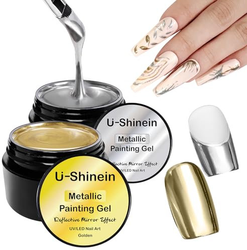 U-Shinein Metallic Painting Gel Kit - 2PCS Nail Art Paint, Sliver + Golden, Strong Reflection, UV Gel Liner