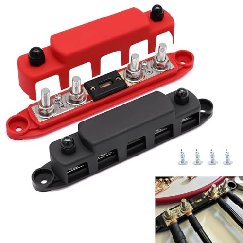 AULESSE 12V-48V Bus Bar Power Distribution Block 300 Amp Bus Bar Copper Made with 4 x M8 Terminal Block Studs,Heavy-Duty Module Busbar Junction Block with Fuse for Cars RVs Ships Yachts -2PCS