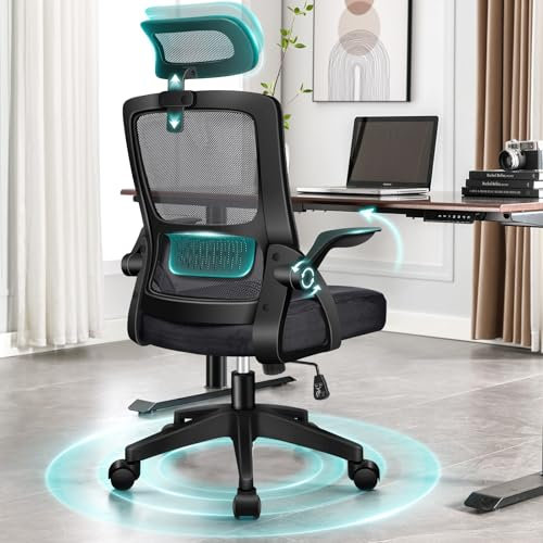 ELFORDSON Office Desk Chair Ergonomic for Home Office, Computer Mesh Chairs with Dynamic Lumbar Support Headrest Flip-up Armrest Tilting Swivel, Black