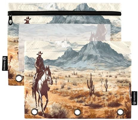 MCHIVER Cowboy-Kaktus-Federmäppchen für 3-Ringbinder, Bleistiftbeutel mit Reißverschlüssen, transparentes Fenster, Bindertaschen, Bleistifttaschen für Arbeit, Büro, Alltag, 2 Packungen