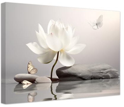 ZXHYWYM Zen Wanddekoration florales Spa Badezimmer Kunstdruck weißer Lotus und Schmetterling Leinwandbilder Meditation spirituelles Yoga Büro Wohnzimmer Dekoration mit Rahmen (B (40.00 x 60.00 cms))