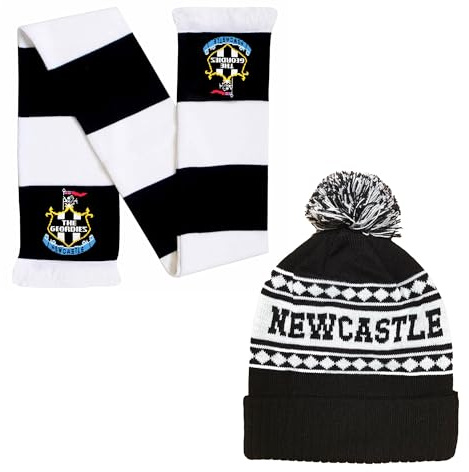 Beyond Happy Newcastle Schwarz-Weiß-Skimütze - Stylische Wintermütze für Geordies - Ultimative Fußballmütze für Komfort und Wärme, Set aus Mütze und Schal, One size