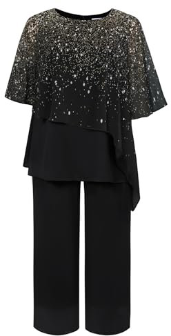 Hanna Nikole Damen Große Größen Hosenanzug Cape Sleeve Zip Rhinestones Loose Round Neck Wide Leg Pants Chiffon Comfortable Lined Festival Summer Elegant High Waist Goldener Farbverlauf 52