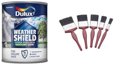 Dulux Weather Shield Quick Dry Satin Paint, 750 ml - Pure Brilliant White & Fit for The Job 5 pc Mixed Sizes Paint Brush Set for a Smooth Finish with Emulsion, Gloss