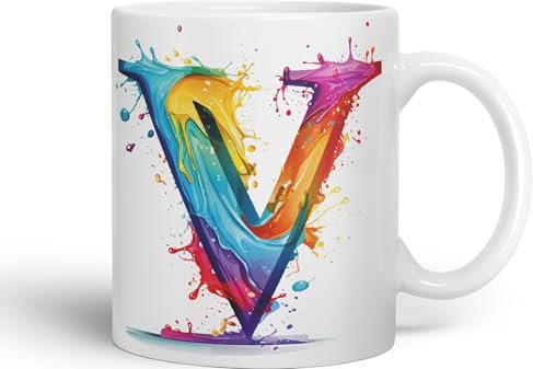 Letter V Mug, Alphabet Letter V Monogram Watercolour Ceramic Coloured Mug Cup for Tea Coffee Hot Brew 330ml 11Oz Gift (White)