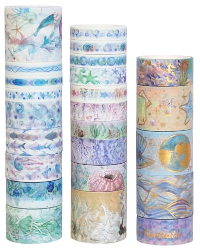 24Rollen Ozeanhymne Washi-Tape Set mit Heißprägung,2m pro Rolle, Dekoband für Kinder, Scrapbooking, Fotoalben, Geschenkverpackung, Organizer, Journaling und mehr, DIY Sticker für Washi Tape Liebhaber